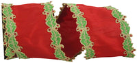 Red Green 4 Inch Holly Leaf Jewel Embroidery Edge Overlay Dupioni Wired Edge Ribbon for Wreaths & Bows