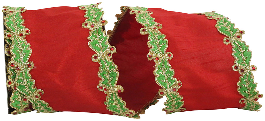 Red Green 4 Inch Holly Leaf Jewel Embroidery Edge Overlay Dupioni Wired Edge Ribbon for Wreaths & Bows