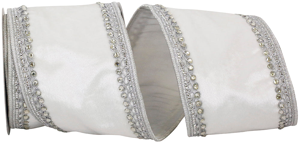 White Silver 4 Inch Plush White Velvet Silver Jewel Edge Trim Wired Edge Ribbon for Wreaths & Bows