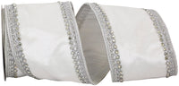 White Silver 4 Inch Plush White Velvet Silver Jewel Edge Trim Wired Edge Ribbon for Wreaths & Bows