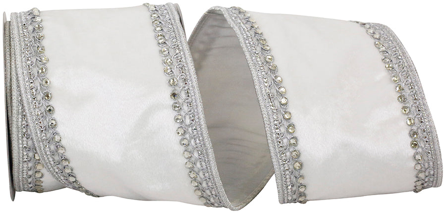 White Silver 4 Inch Plush White Velvet Silver Jewel Edge Trim Wired Edge Ribbon for Wreaths & Bows