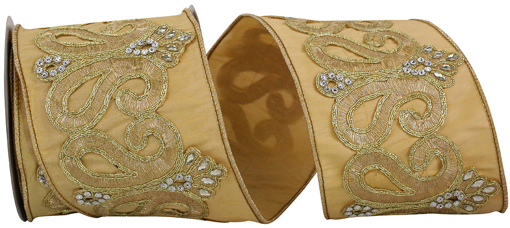Gold 4 Inch Dupioni Regal Trim Jewel Scroll Embroidery Wired Edge Ribbon for Wreaths & Bows