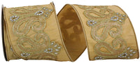 Gold 4 Inch Dupioni Regal Trim Jewel Scroll Embroidery Wired Edge Ribbon for Wreaths & Bows