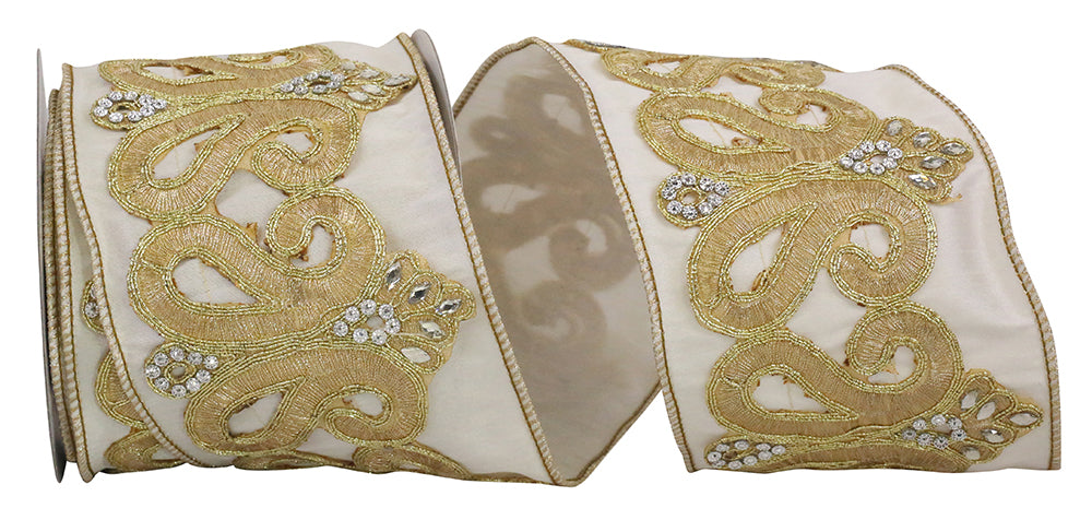 Ivory 4 Inch Dupioni Regal Trim Jewel Scroll Embroidery Wired Edge Ribbon for Wreaths & Bows