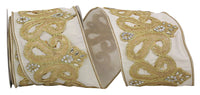 Ivory 4 Inch Dupioni Regal Trim Jewel Scroll Embroidery Wired Edge Ribbon for Wreaths & Bows