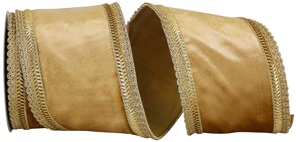 Antique 4 Inch Plush Velvet Gold Trim Edge Wired Edge Ribbon for Wreaths & Bows