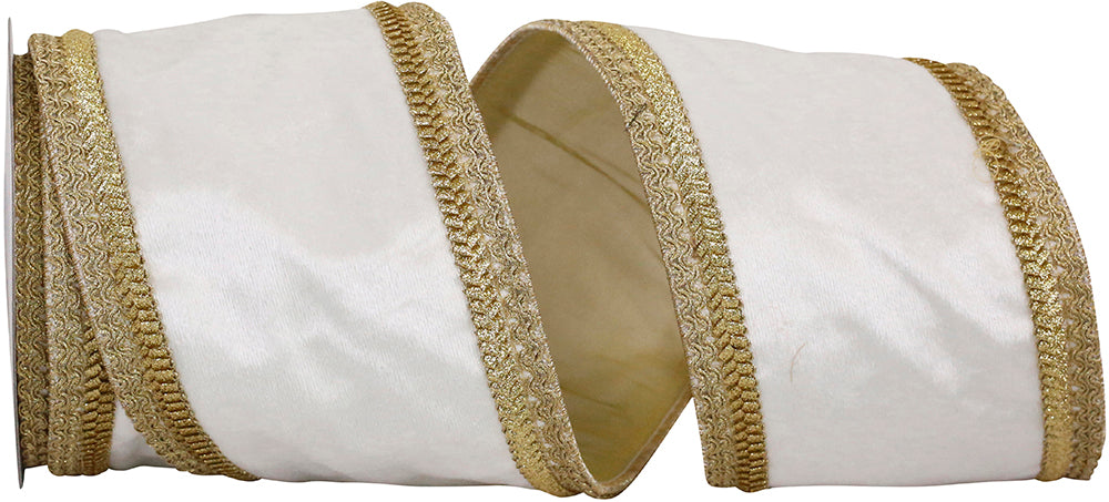 White Gold 4 Inch Plush Velvet Gold Trim Edge Wired Edge Ribbon for Wreaths & Bows