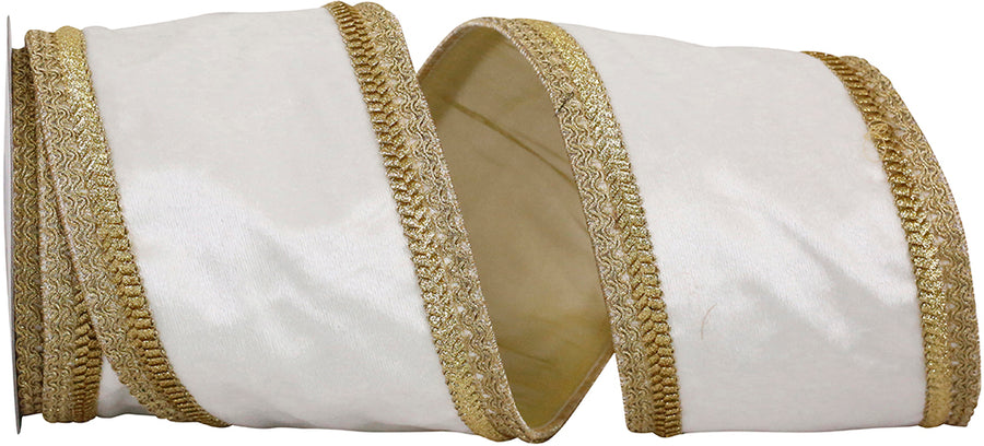 White Gold 4 Inch Plush Velvet Gold Trim Edge Wired Edge Ribbon for Wreaths & Bows