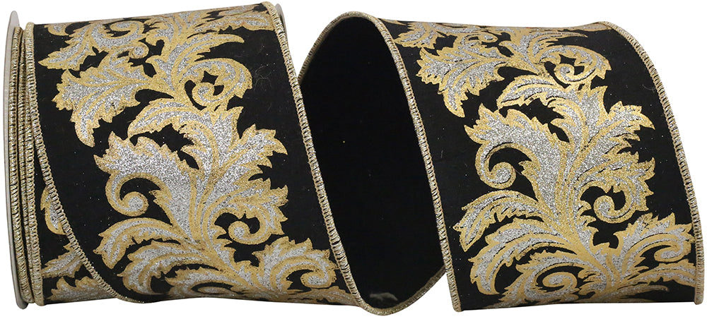 Black Silver 4 Inch Leaf Filigree Deluxe Gold Outline Wired Edge Ribbon for Wreaths & Bows