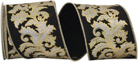 Black Silver 4 Inch Leaf Filigree Deluxe Gold Outline Wired Edge Ribbon for Wreaths & Bows