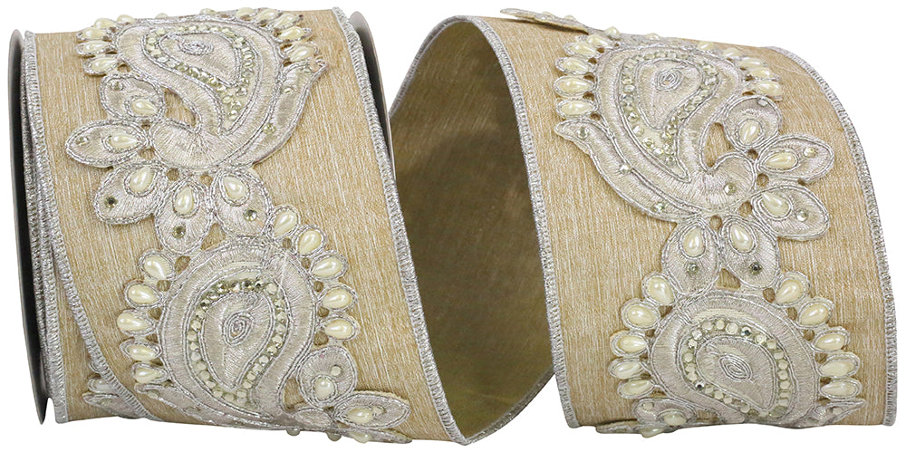 Cameo 4 Inch Regal Paisley Deluxe Pearl Trim Overlay Wired Edge Ribbon for Wreaths & Bows