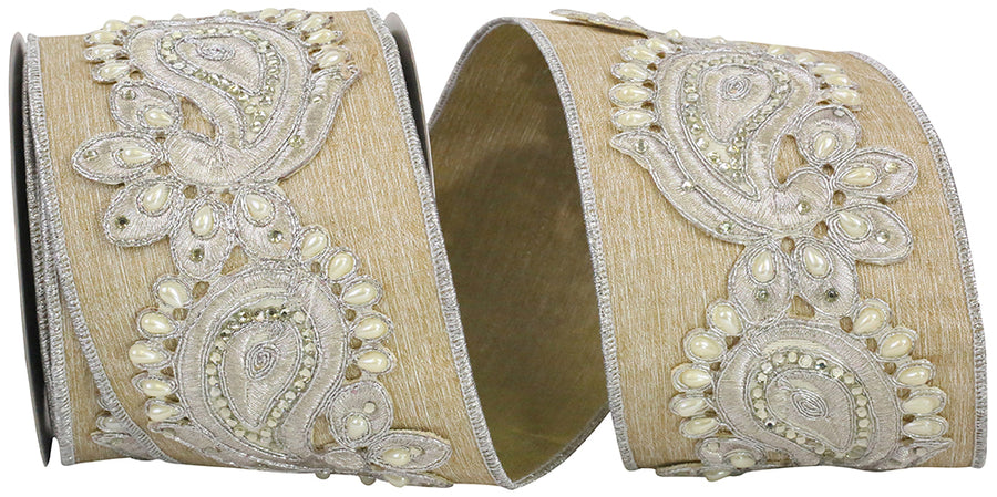 Cameo 4 Inch Regal Paisley Deluxe Pearl Trim Overlay Wired Edge Ribbon for Wreaths & Bows