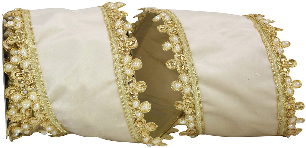 Ivory 4 Inch Plush Ivory Velvet Gold Pearl Jewels Wired Edge Ribbon for Wreaths & Bows
