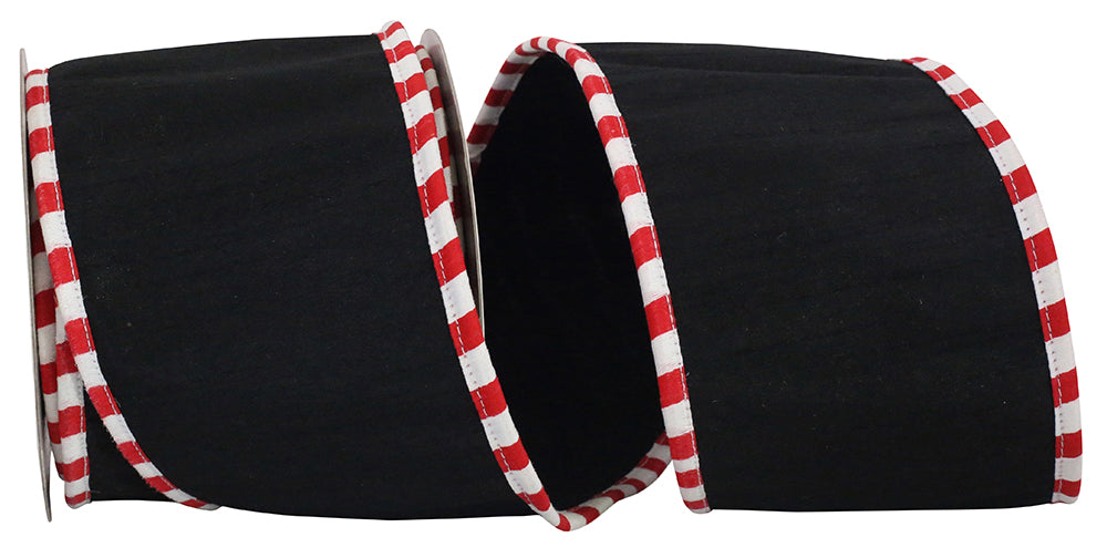 Black 4 Inch Dupioni Deluxe Folded Candy Cane Ticking Wired Edge Ribbon for Wreaths & Bows