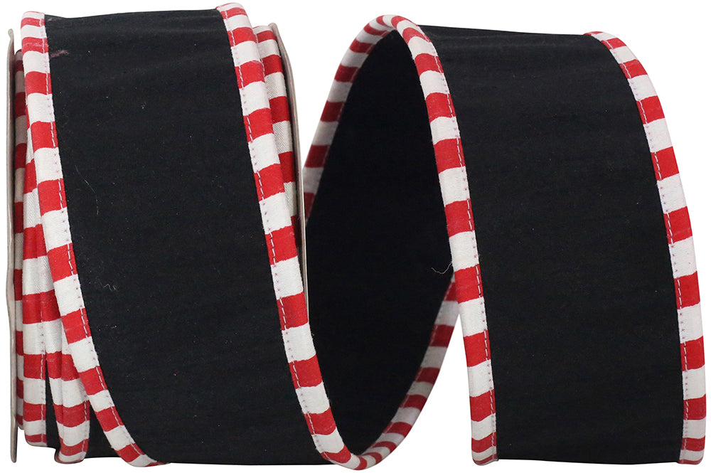 Black 2-1 2 Inch Dupioni Deluxe Folded Candy Cane Ticking Wired Edge Ribbon for Wreaths & Bows
