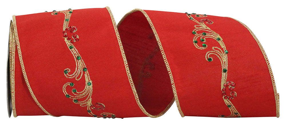 Red 4 Inch Embroidered Jeweled Filigree Deluxe Dupioni Wired Edge Ribbon for Wreaths & Bows