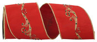 Red 4 Inch Embroidered Jeweled Filigree Deluxe Dupioni Wired Edge Ribbon for Wreaths & Bows