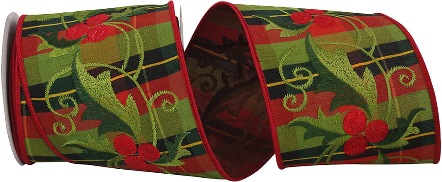 Embroidered Holly Dupioni Plaid Ribbon 4 Inch Red Green