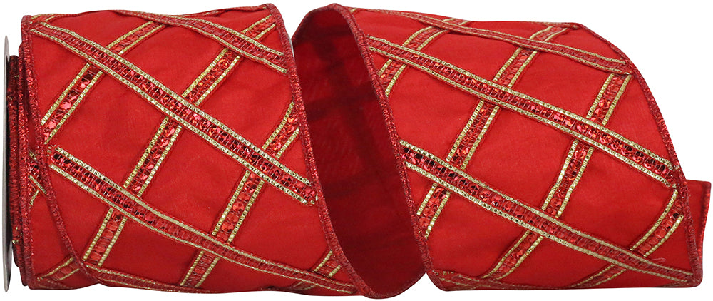 Red Gold 4 Inch Diamond Lattice Trim Overlay Deluxe Wired Edge Ribbon for Wreaths & Bows