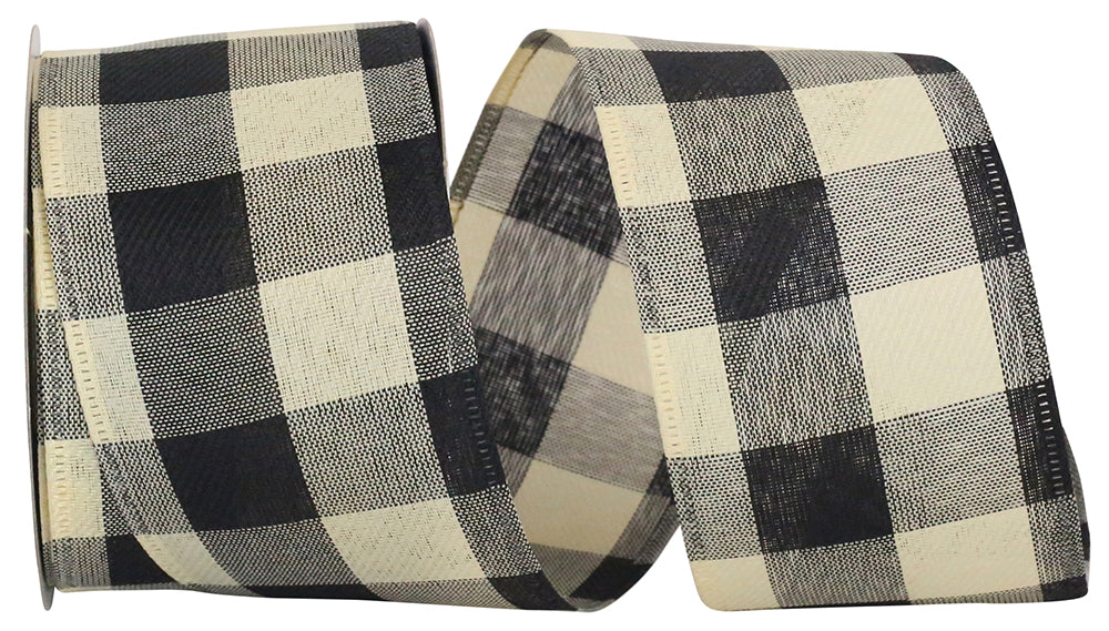 Buffalo Gingham Wired Edge Ribbon Cream Black 2-1/2 Inch