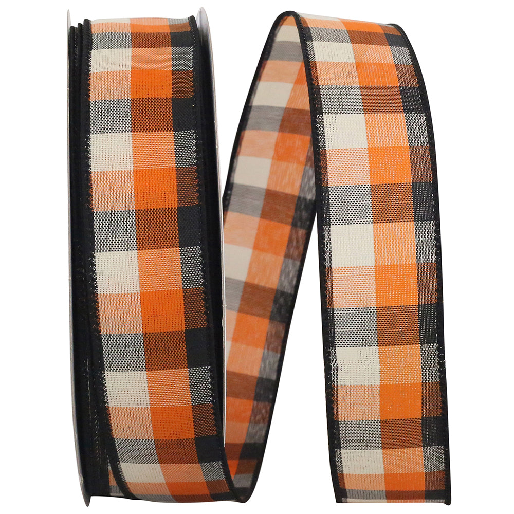 Afternoon Tonal Plaid Wired Edge Ribbon Orange Black 1-1/2 Inch