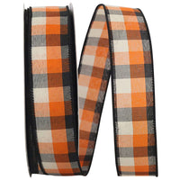Afternoon Tonal Plaid Wired Edge Ribbon Orange Black 1-1/2 Inch