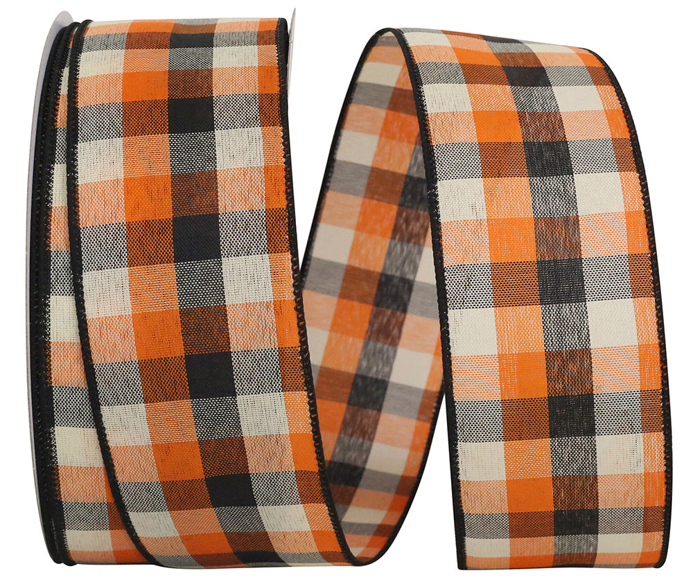 2-1/2 Inch Orange Black Tonal Plaid Wired Edge Ribbon