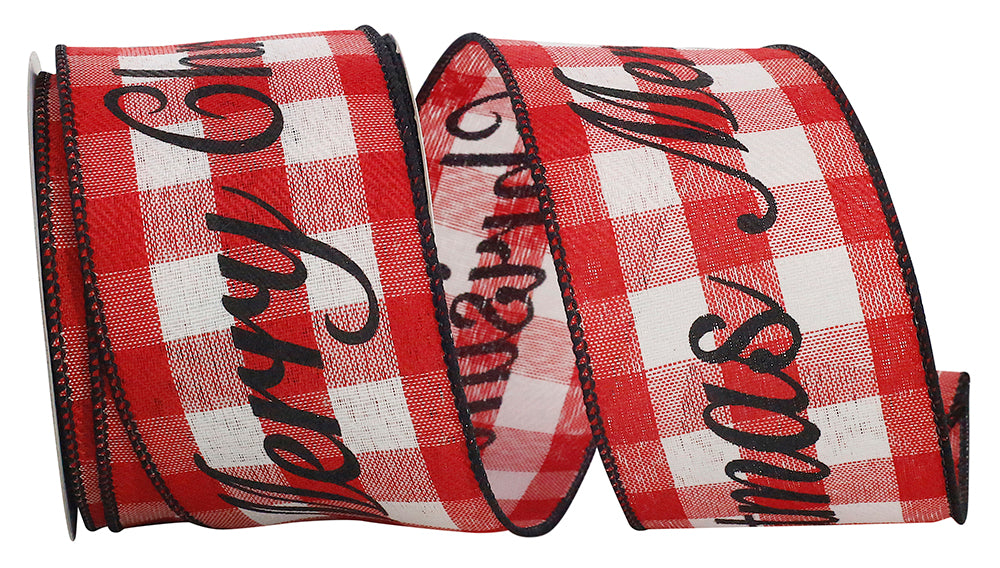 Merry Christmas Celine Plaid Twill Wired Edge Ribbon White Red 2-1/2 Inch