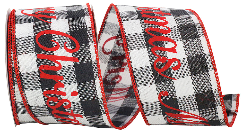Merry Christmas Celine Plaid Twill Ribbon Black White 2.5 Inch