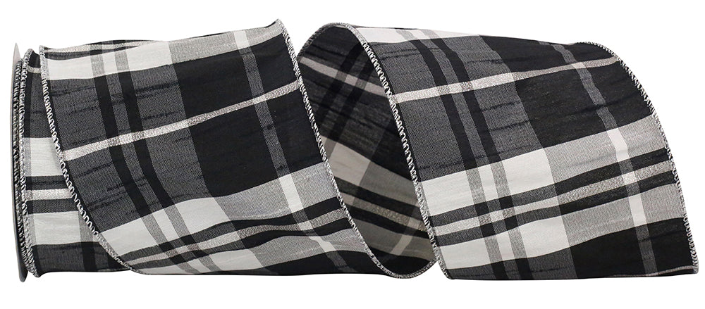 Grand Plaid Black White Wired Edge Ribbon 4 Inch 10 Yards