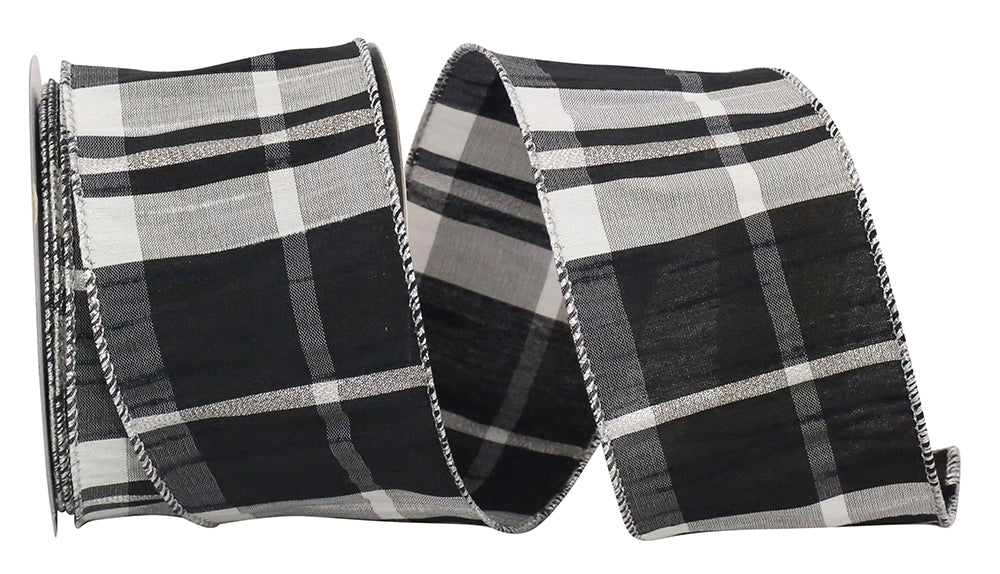 Grand Plaid Black White Wired Edge Ribbon 2-1/2 Inch