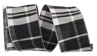Grand Plaid Black White Wired Edge Ribbon 2-1/2 Inch