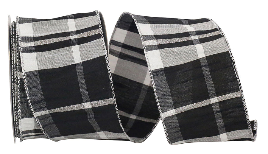 Grand Plaid Black White Wired Edge Ribbon 2-1/2 Inch