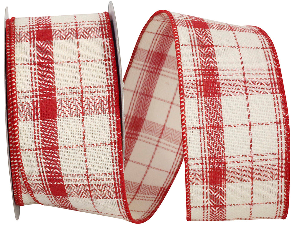 Plaid Herringbone Twill Ribbon Cream Red 2-1/2 Inch 10 Yards
