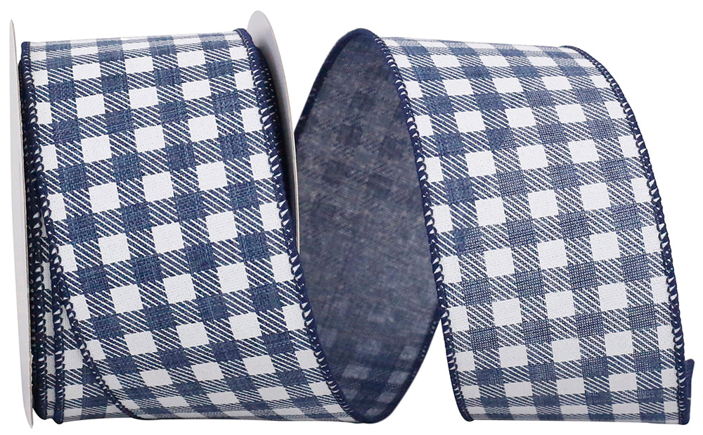 Gingham Twill Print Linen Ribbon Navy White 2-1/2 Inch