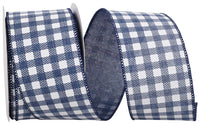 Gingham Twill Print Linen Ribbon Navy White 2-1/2 Inch