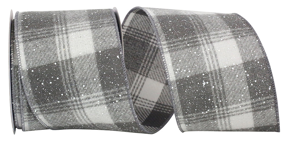 4 Inch Grey White Snowy Flannel Plaid Wired Edge Ribbon