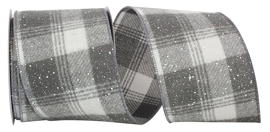 4 Inch Grey White Snowy Flannel Plaid Wired Edge Ribbon