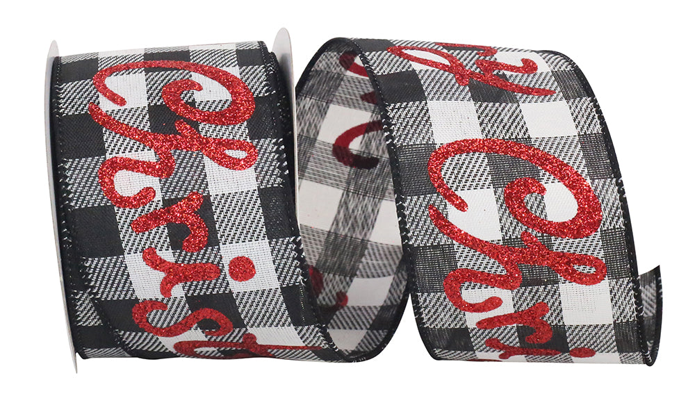 Merry Christmas Black White Glitter Buffalo Check Ribbon 2.5 Inch