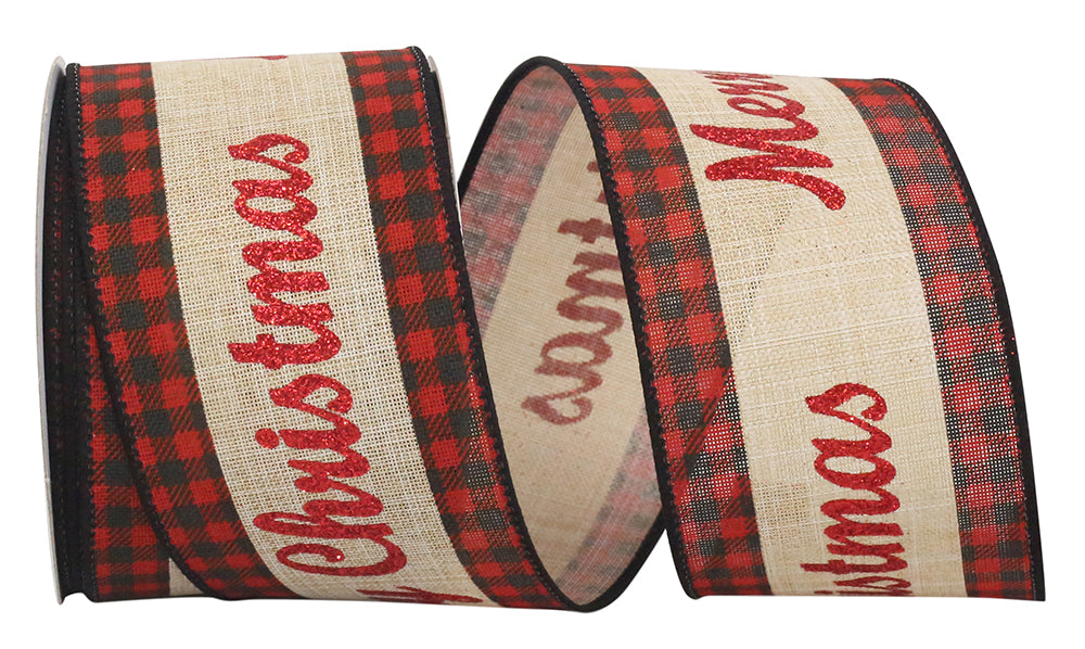 Merry Christmas Glitter Gingham Wired Edge Ribbon Red Natural 2-1/2 Inch