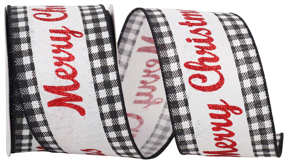 Merry Christmas Glitter Gingham Wired Edge Ribbon Black White 2-1/2 Inch