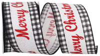 Merry Christmas Glitter Gingham Wired Edge Ribbon Black White 2-1/2 Inch