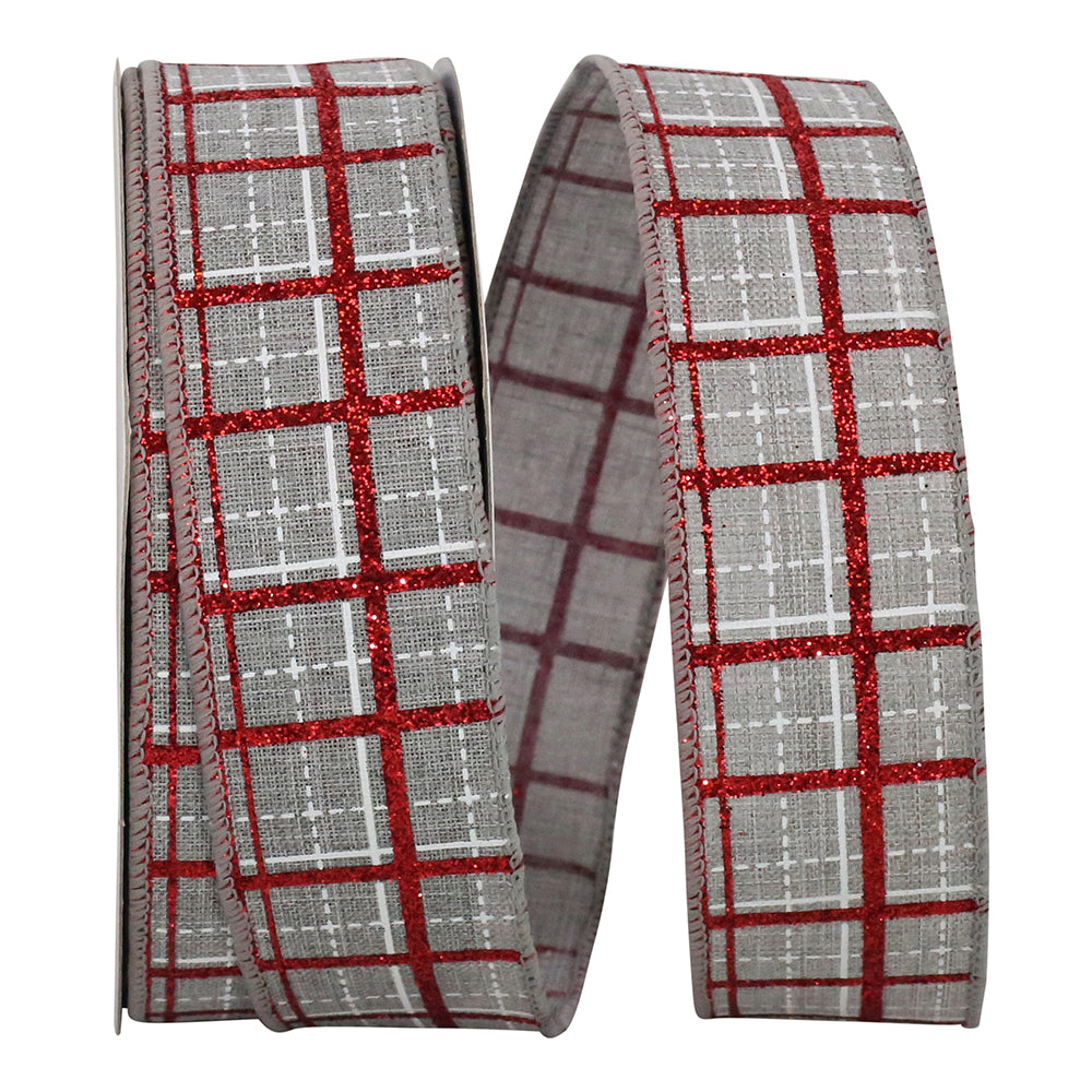 Grey Plaid Glitter Printed Wired Edge Ribbon 1-1/2 Inch