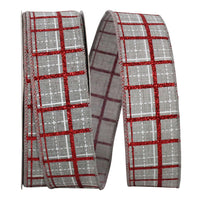 Grey Plaid Glitter Printed Wired Edge Ribbon 1-1/2 Inch
