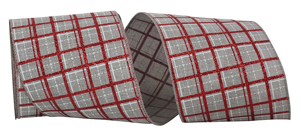 Plaid Glitter Printed Wired Edge Ribbon Grey 4 Inch