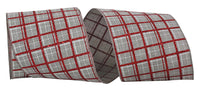 Plaid Glitter Printed Wired Edge Ribbon Grey 4 Inch