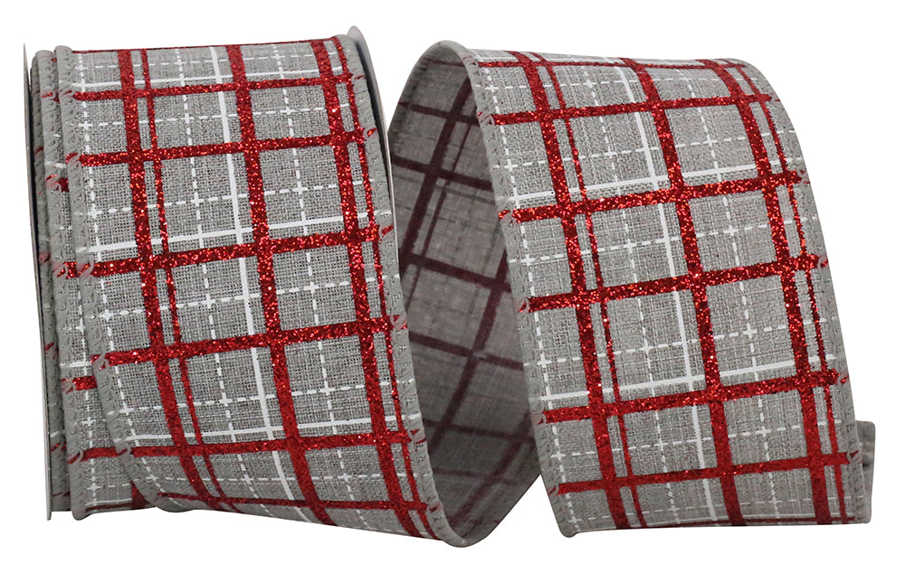 Grey 2-1/2 Inch Glitter Plaid Wired Edge Ribbon