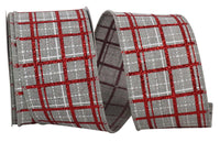 Grey 2-1/2 Inch Glitter Plaid Wired Edge Ribbon