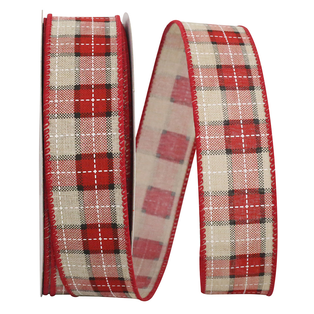 Red Natural 1-1/2 Inch Stitched Linen Plaid Ribbon