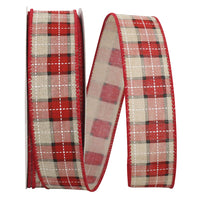 Red Natural 1-1/2 Inch Stitched Linen Plaid Ribbon